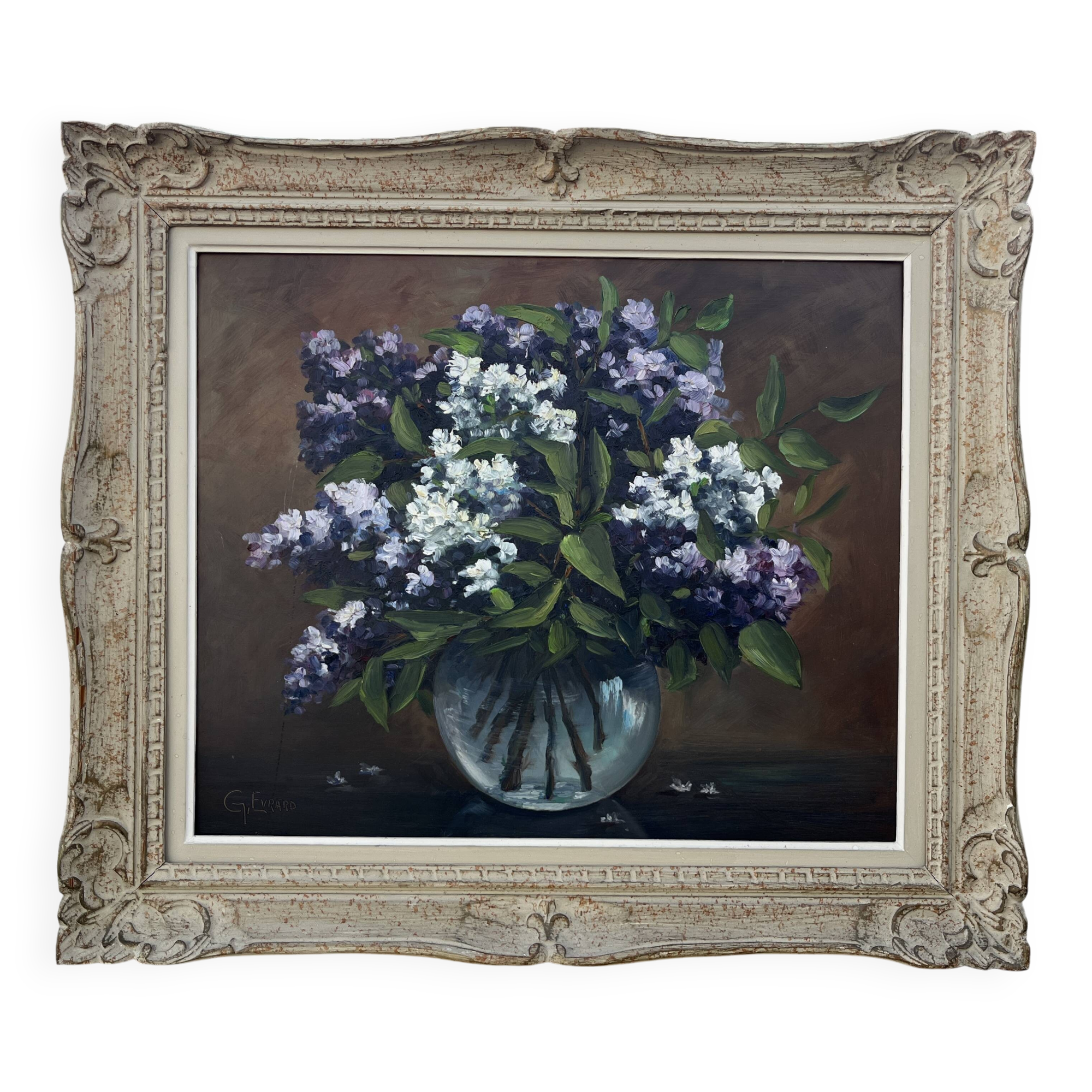 Painting signed G. Evrard – Bouquet of lilacs in a vase