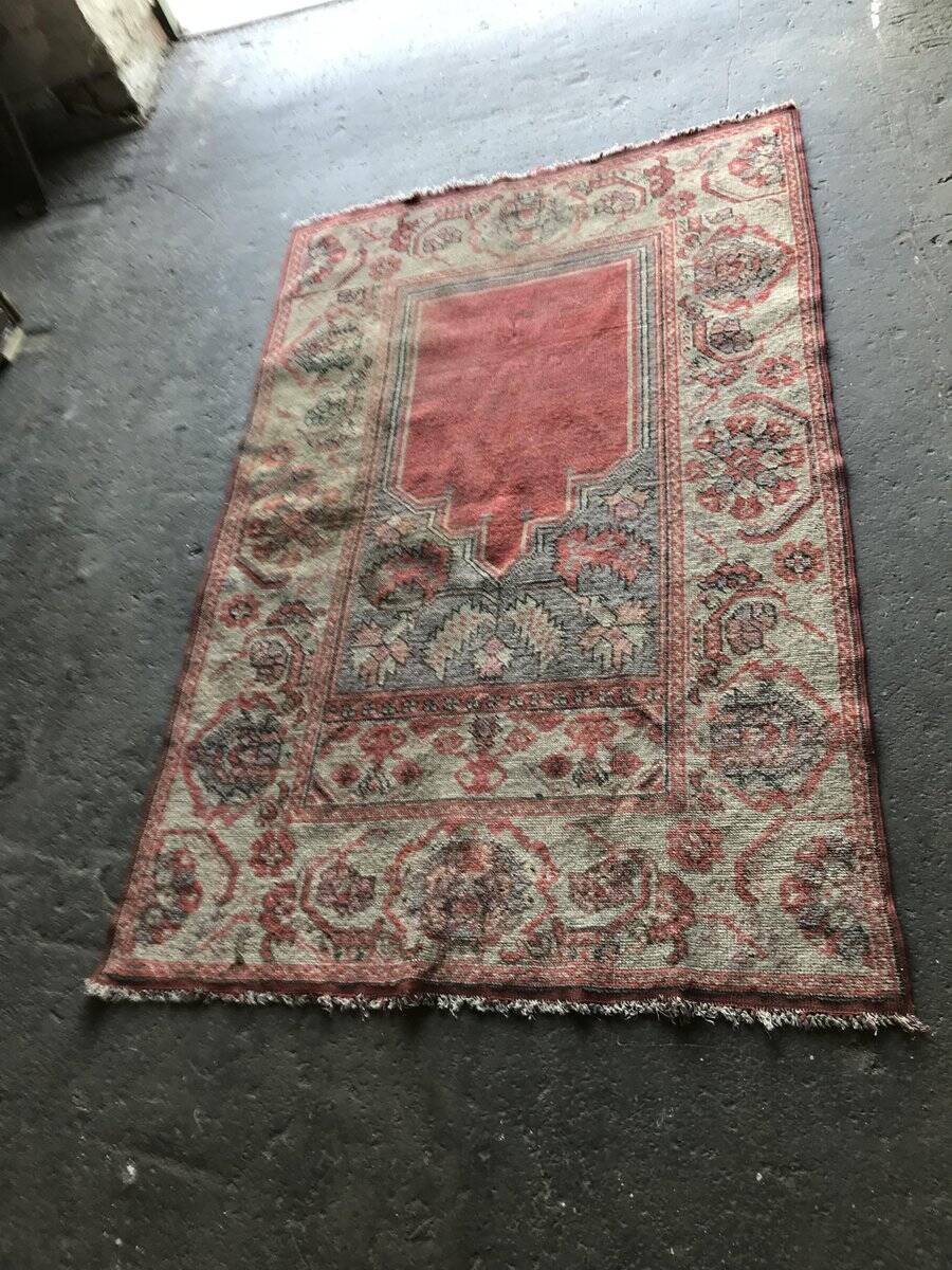Vintage brown Kilim prayer rug in wool, Turkish mihrab pattern from the 1930s.