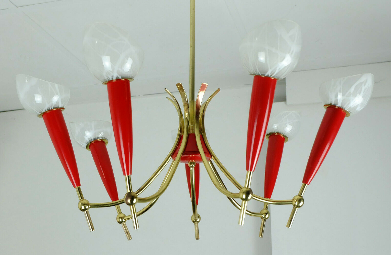 1950s mid century pendant light brass red plastic 7 glass shades
