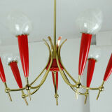 1950s mid century pendant light brass red plastic 7 glass shades