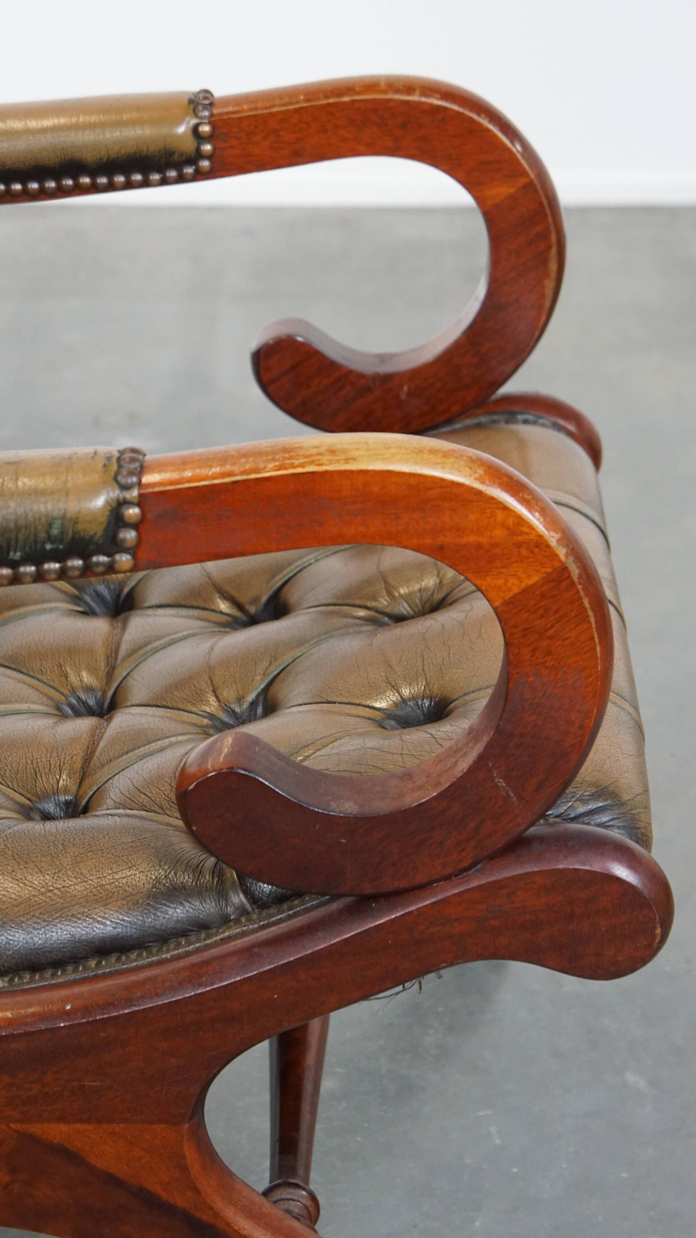 Green Vintage Leather English Chesterfield Armchair Combined with Wood