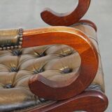 Green Vintage Leather English Chesterfield Armchair Combined with Wood