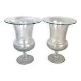 Pair of large antique Medici-shaped vases in engraved blown glass C412