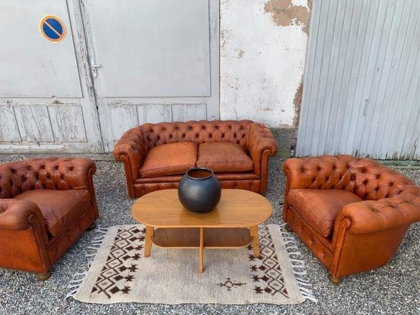 Salon canape and 2 chesterfield armchairs in vintage cognac leather from the 1970s