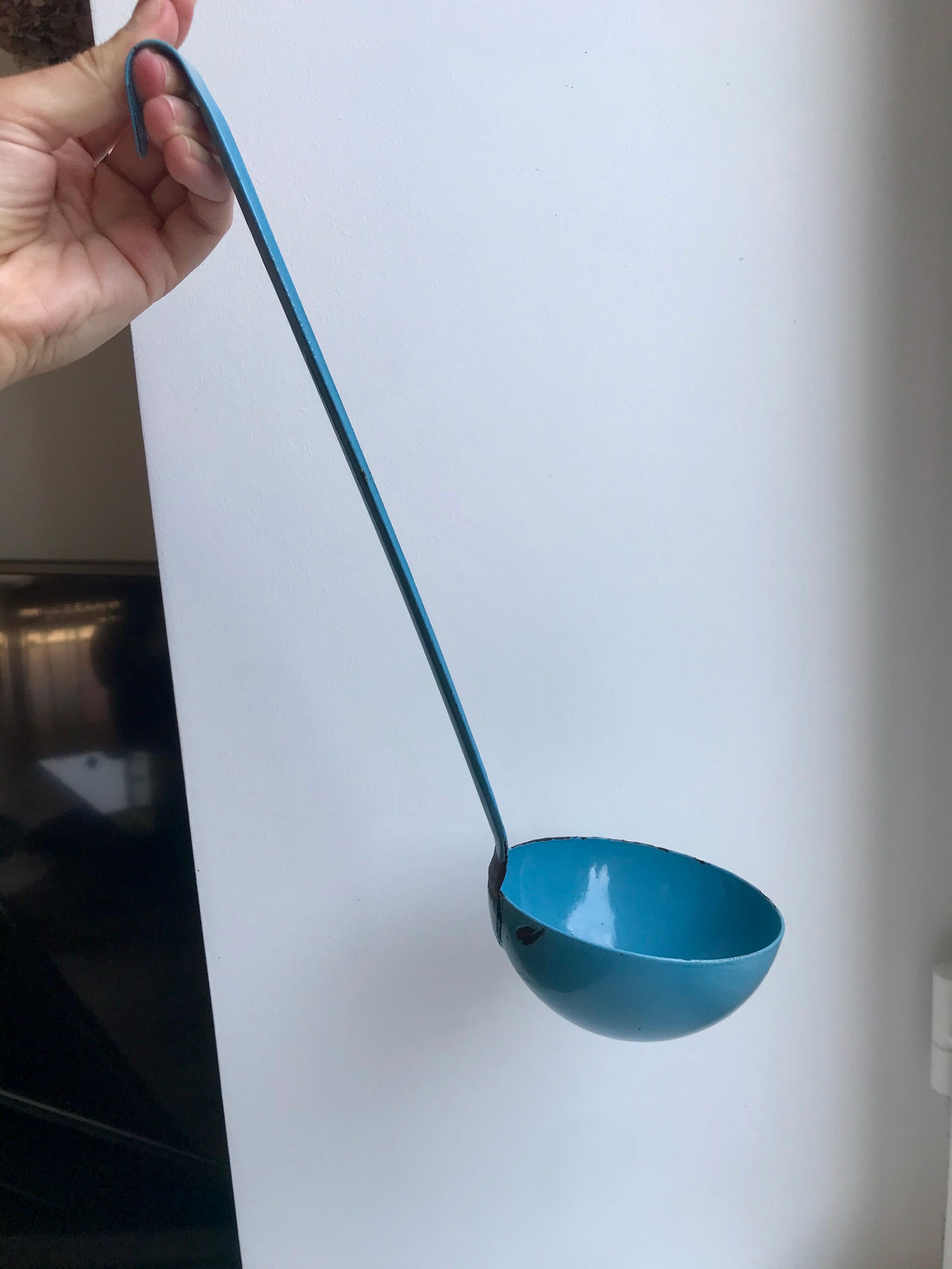 enamelled ladle in sky blue metal early twentieth century