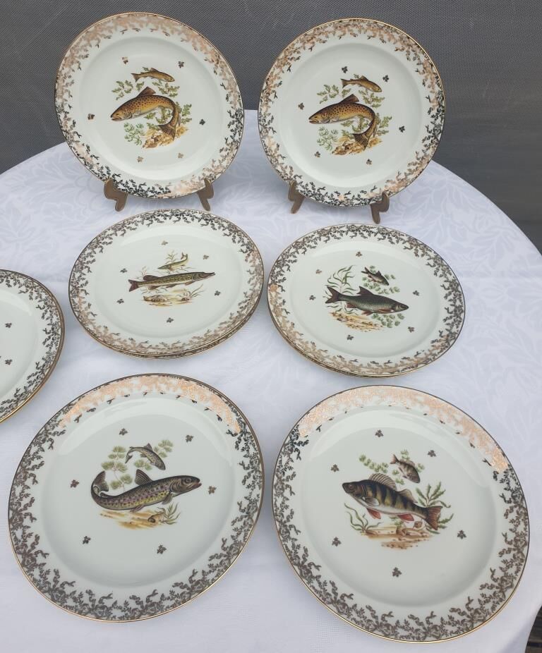 Set 12 plates porcelain gold fine fish fern limousine de Chastagner