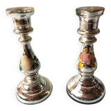Paire de bougeoirs en verre argenté