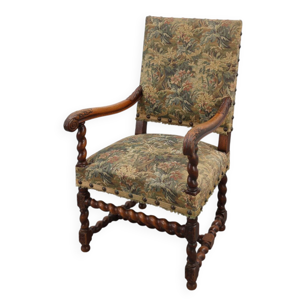 Fauteuil ancien en noyer avec tapisserie, Royaume-Uni, XVIIe siècle