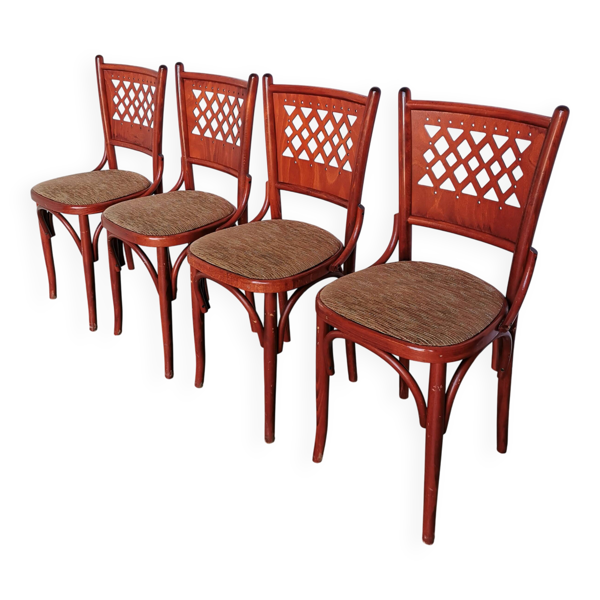 Vintage Italian Bistro Chairs - 1980s Reddish Wood, Brown Fabric - Set of 4
