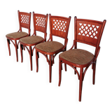 Vintage Italian Bistro Chairs - 1980s Reddish Wood, Brown Fabric - Set of 4