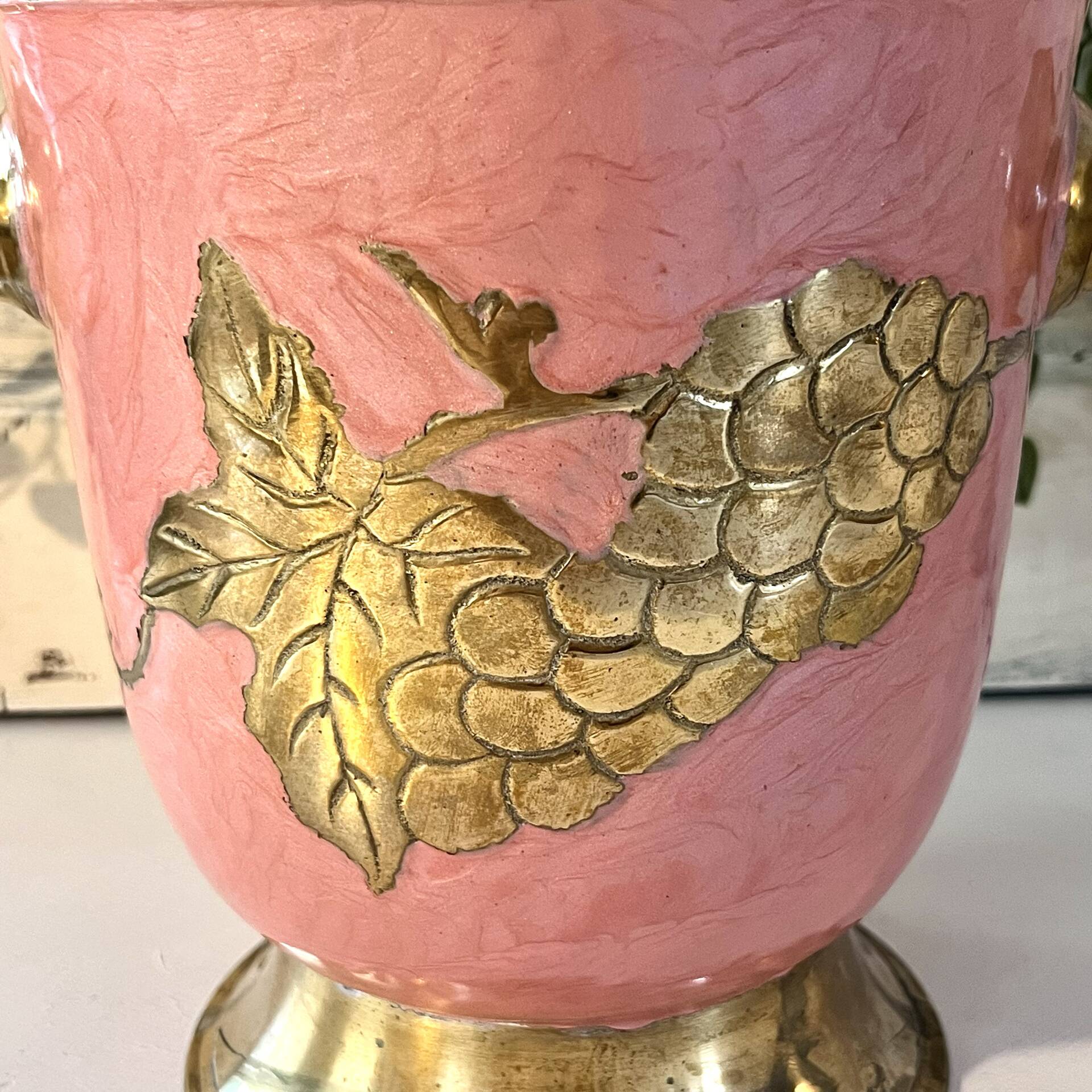 Enamel Ice Bucket – Vintage French Pink Gilt Grapevine Champagne Coole