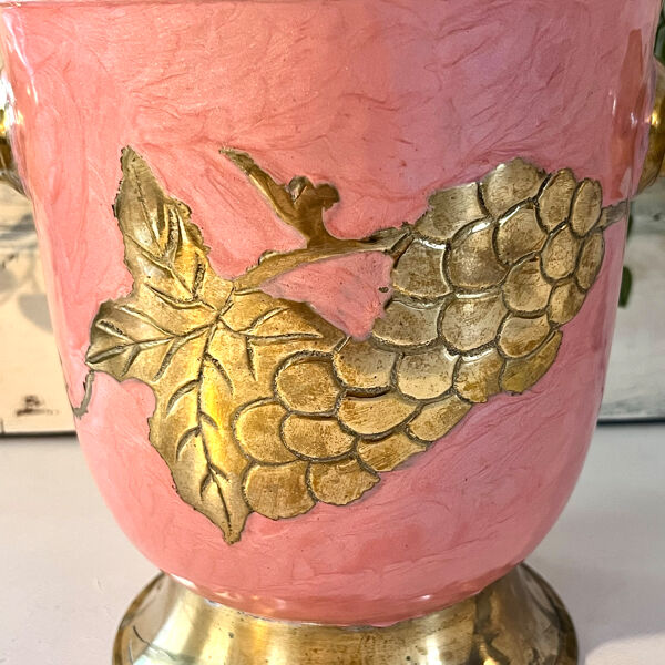 Seau à glace en émail – Vintage français rose doré vigne à raisin seau à champagne