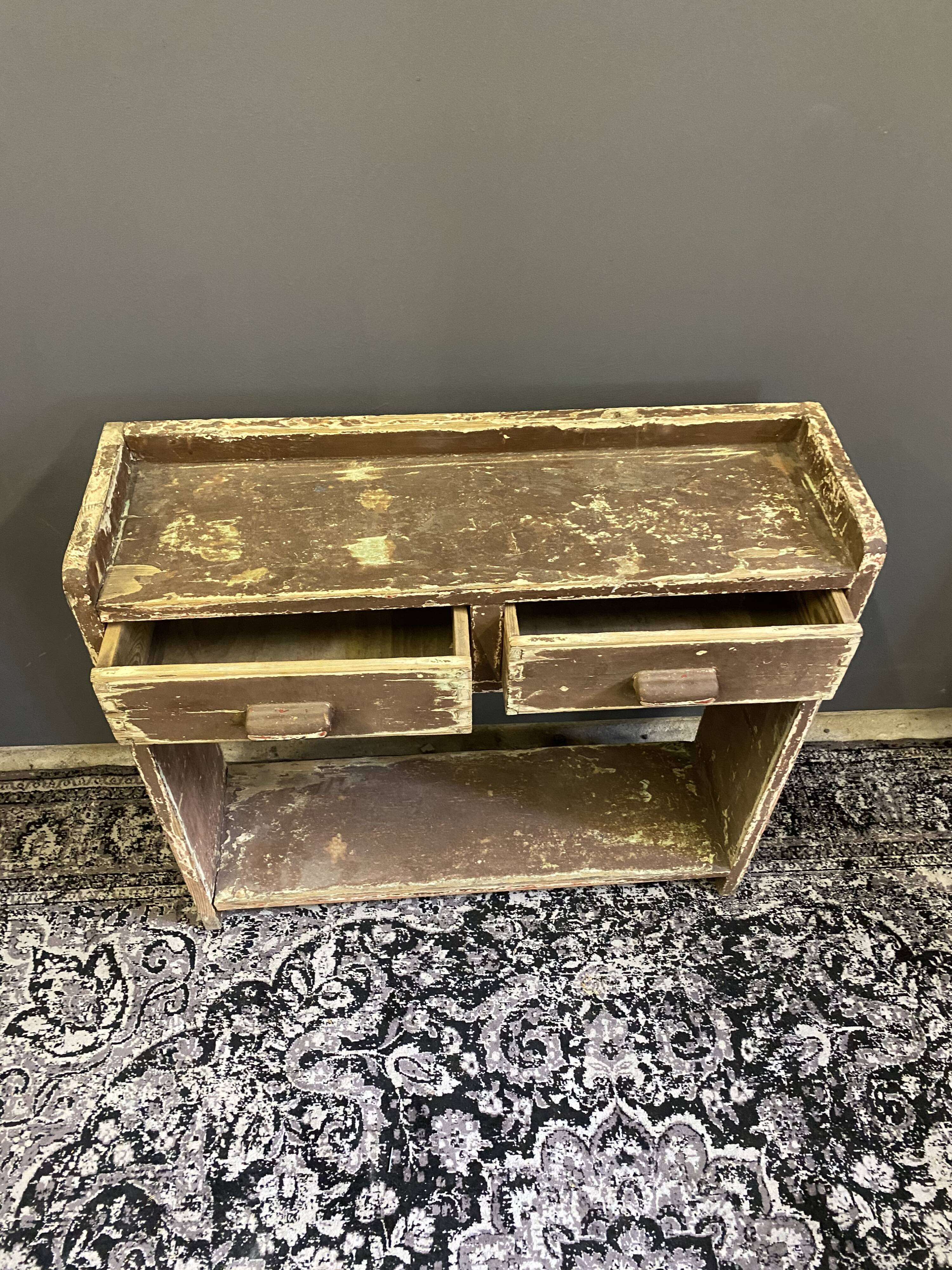 Old wooden brown hall cabinet with 2 drawers