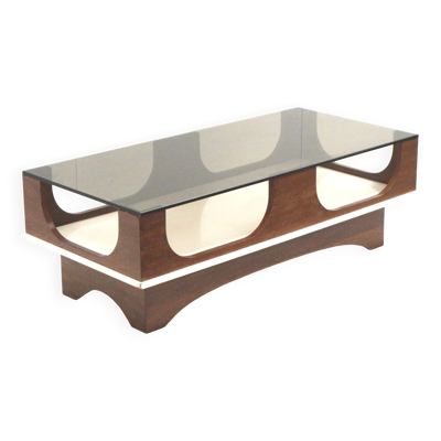 Table basse vintage de l'ère spatiale, années 1970, avec un plateau en verre fumé et en bois de wengé.
