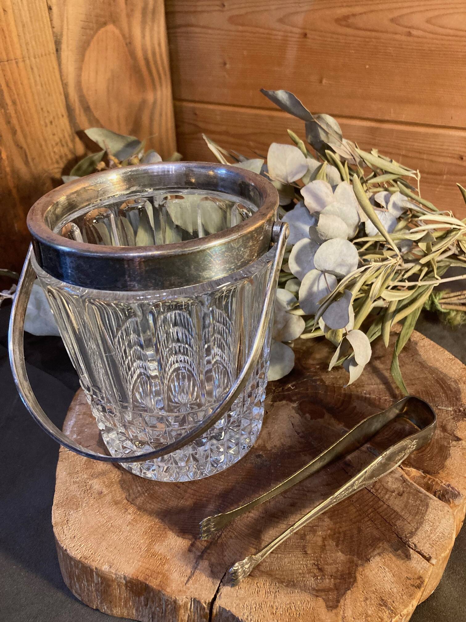Crystal and silver-plated metal ice bucket + wine tableware tongs