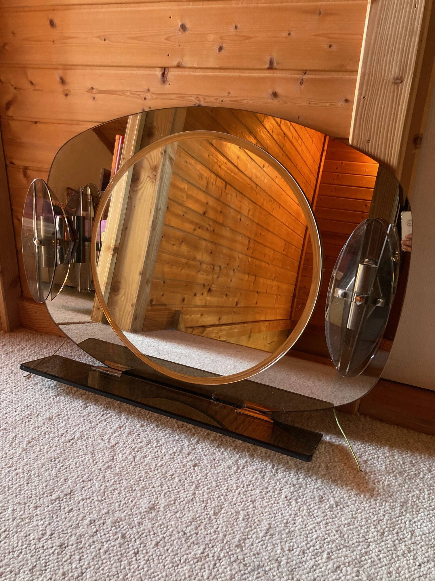 Brown smoked glass wall mirror - sconces & shelf - Italian design 1