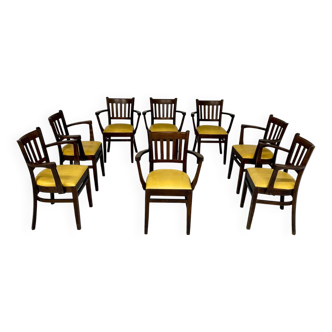Lot de 8 anciennes chaises fauteuils de bistrot en bois et simili jaune 80’