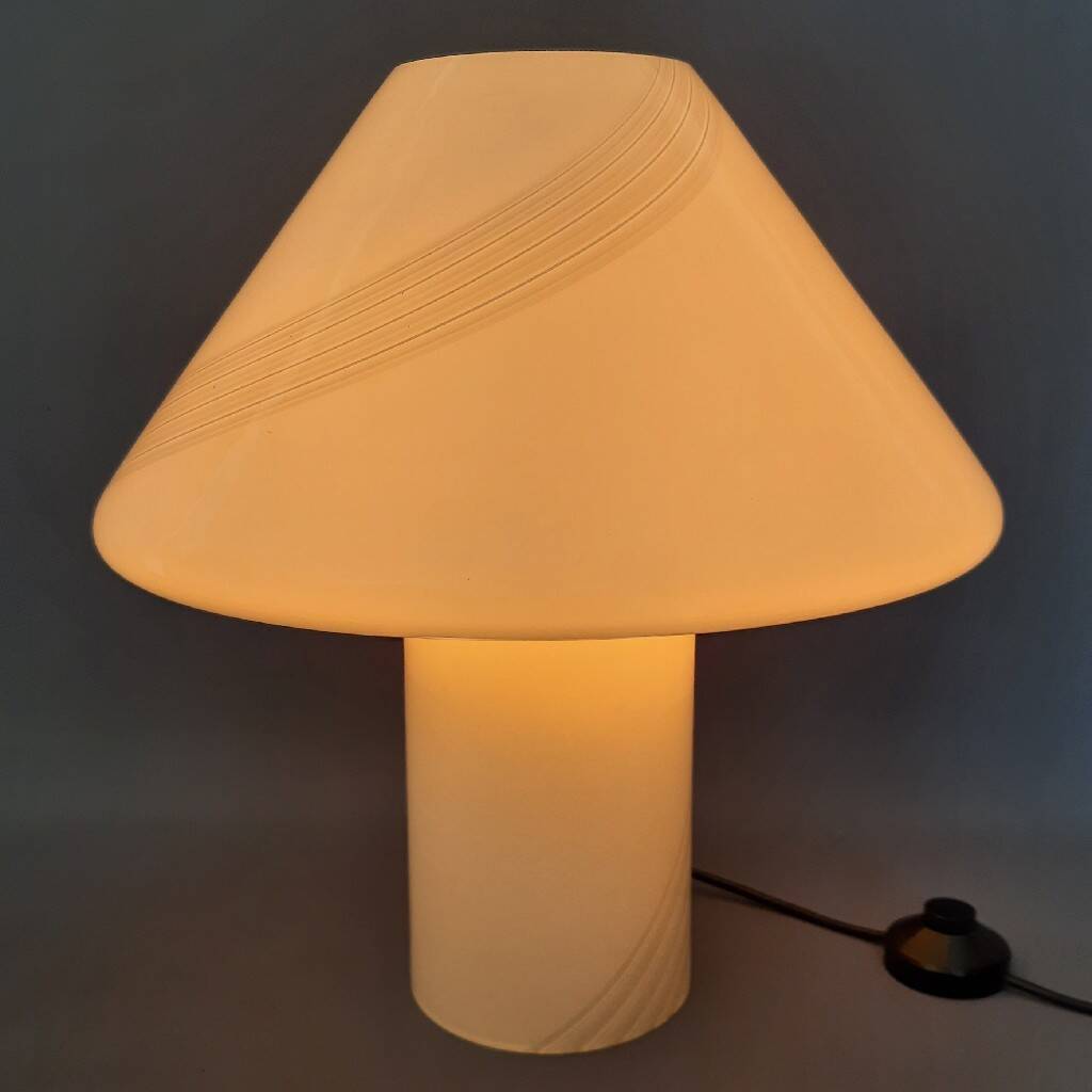 Opal Murano glass mushroom lamp with spiral stripes, 1970s modernist design.