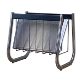 Magazine rack in chrome-plated metal and black wood