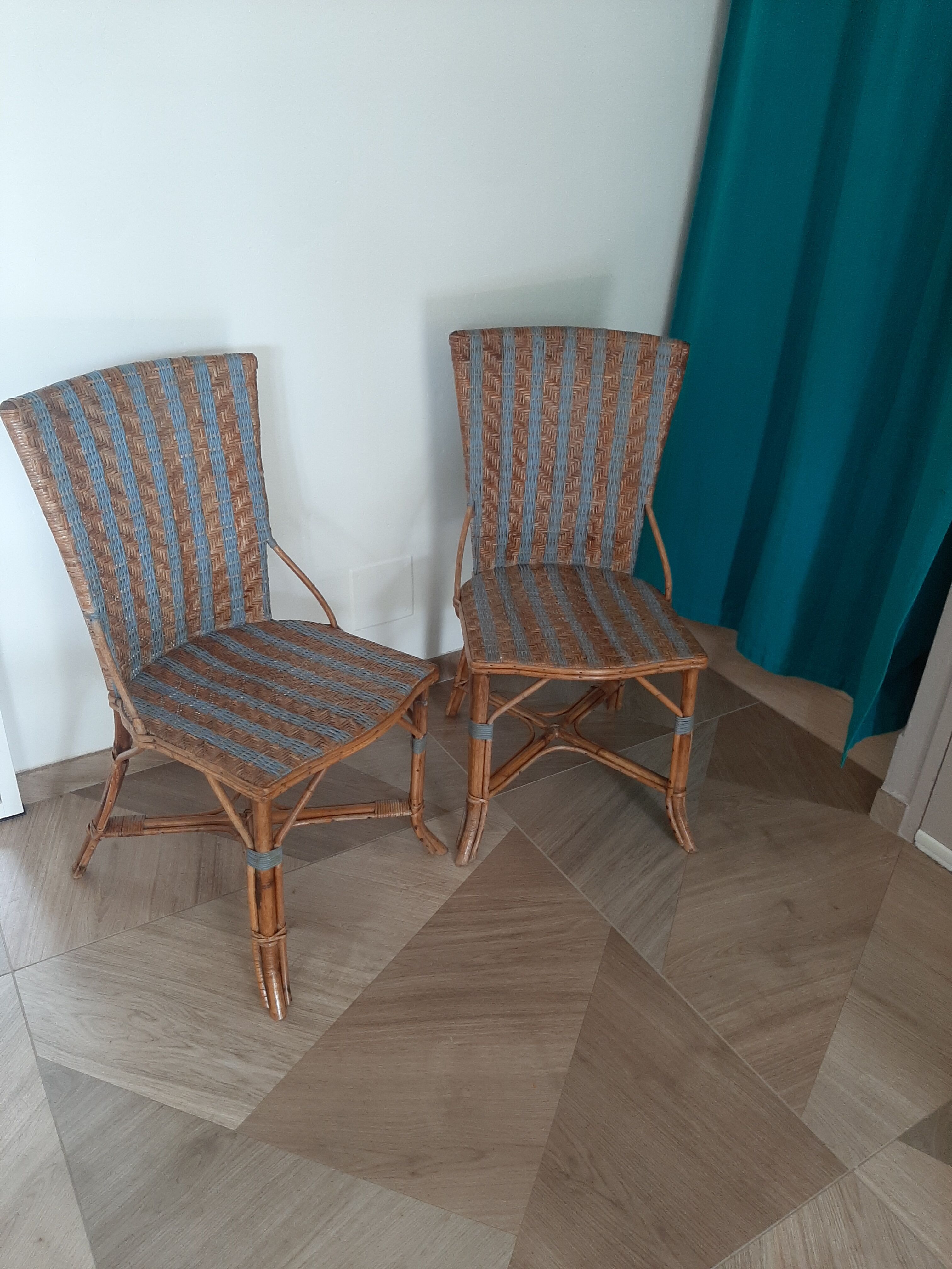 2 woven rattan garden chairs – sky blue net patterns – 1940s