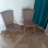 2 woven rattan garden chairs – sky blue net patterns – 1940s