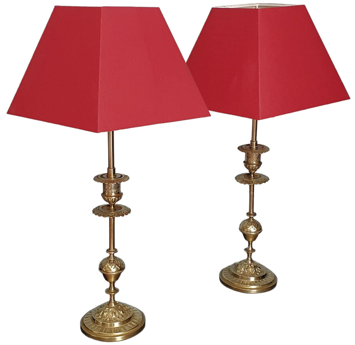 Duo de lampes en laiton abat-jour rouge