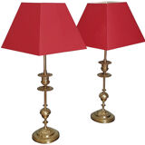 Duo of lamps in brass red lampshade