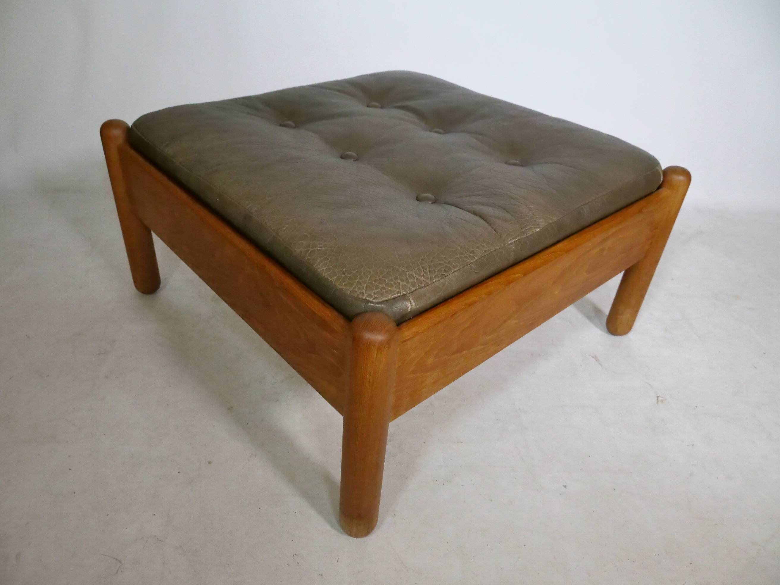 Mid-Century Danish Teak Footstool with Leather Cushion, 1970s