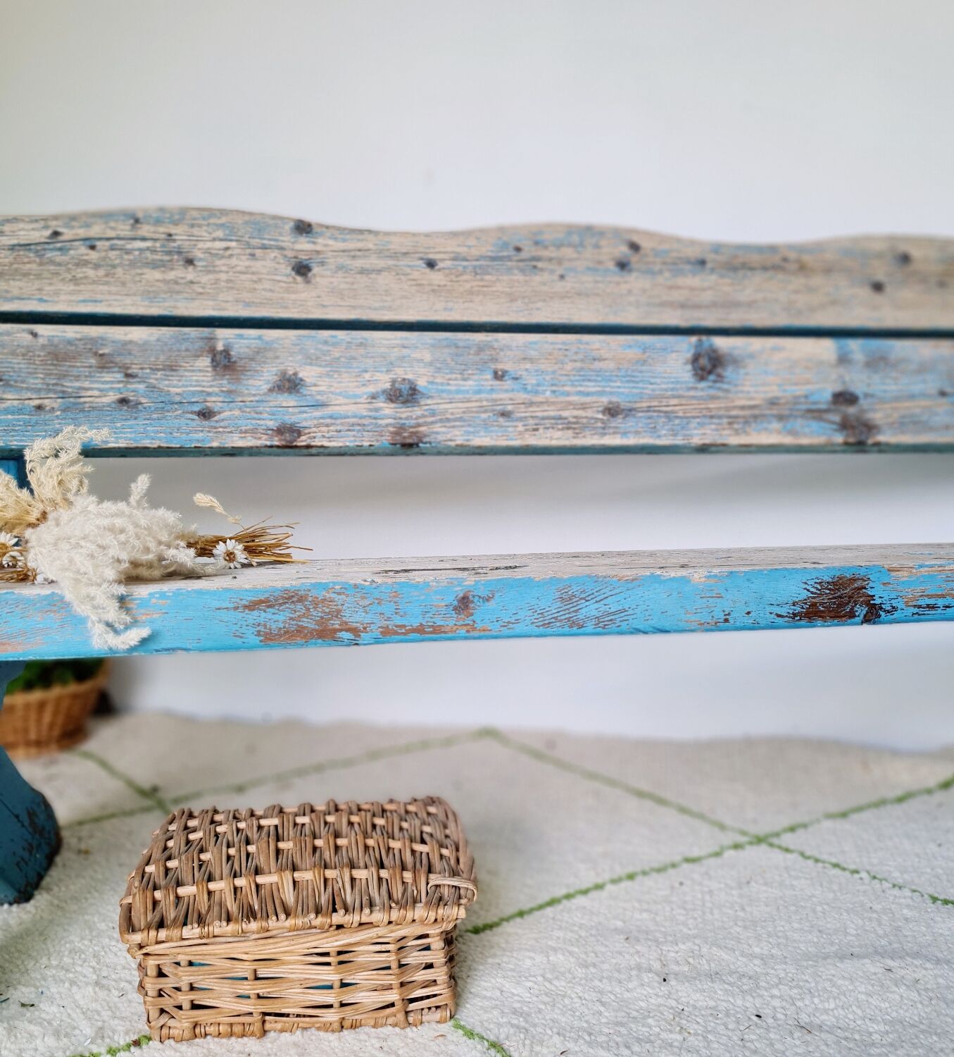 Outdoor bench in patinated blue solid wood