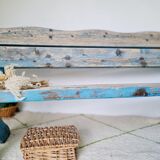 Outdoor bench in patinated blue solid wood