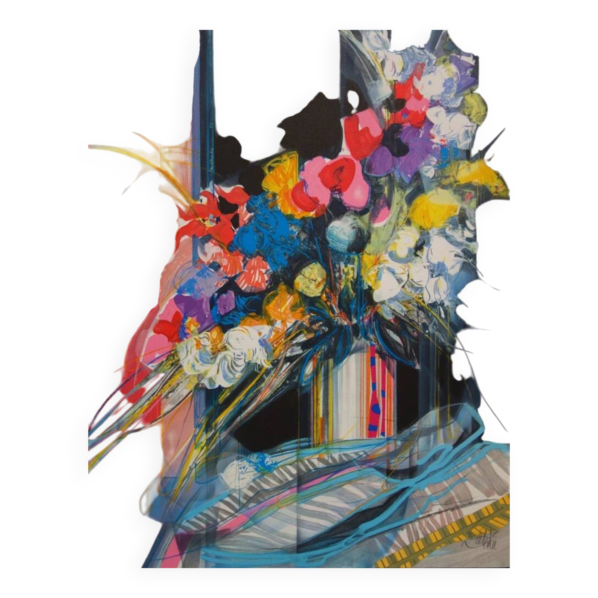 Jean-Baptiste Valadié: Blue, white and red bouquet, original signed lithograph