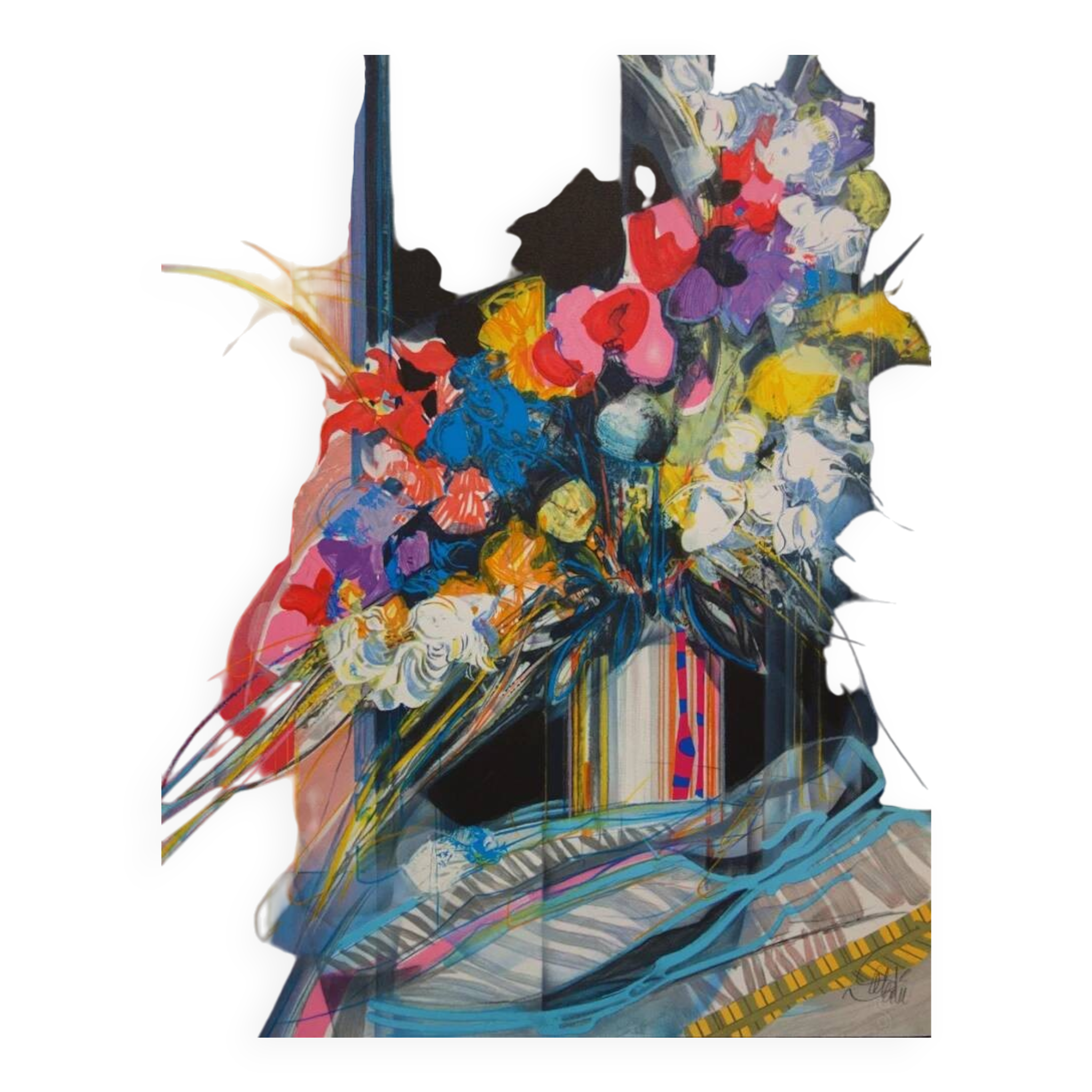 Jean-Baptiste Valadié: Blue, white and red bouquet, original signed lithograph