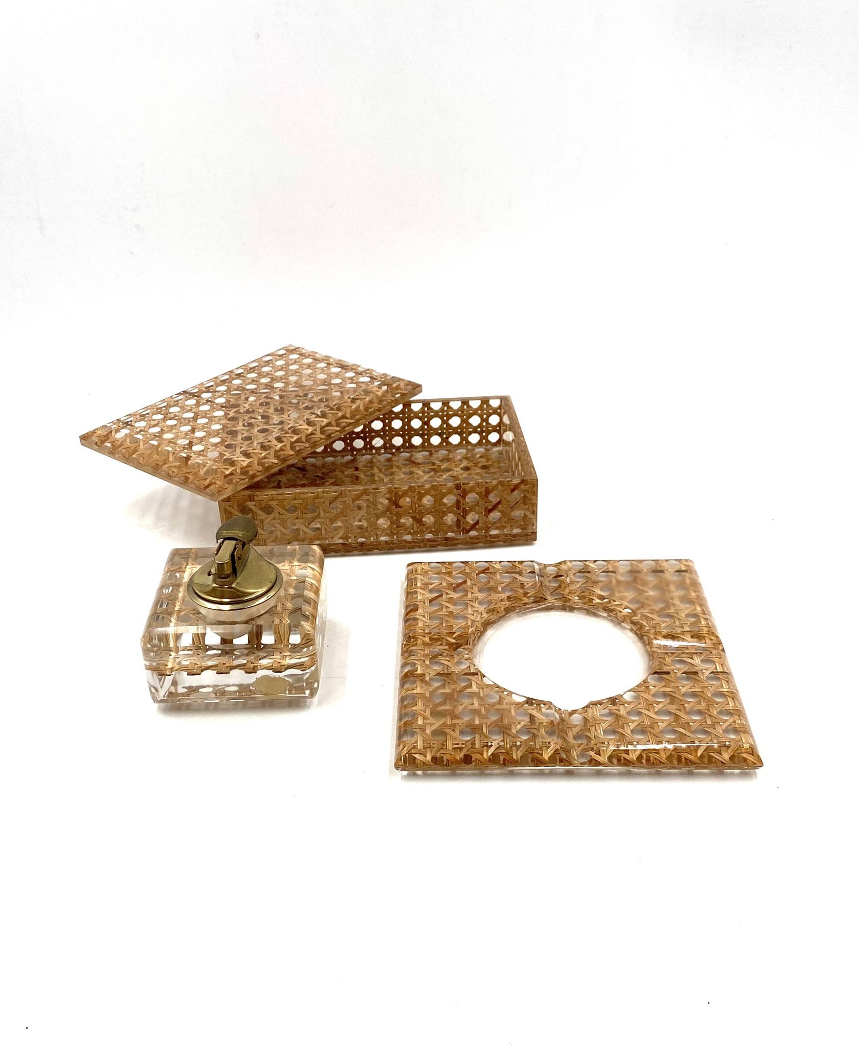 Hollywood regency smoking set, lucite and Vienna stray, Italy 1970