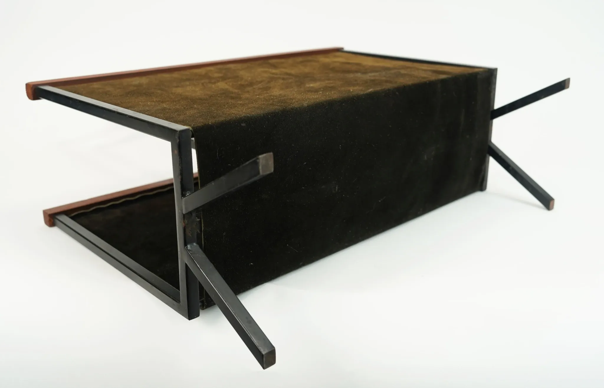 1960s mid century MAGAZINE RACK newspaper holder brown suede metal teakwood