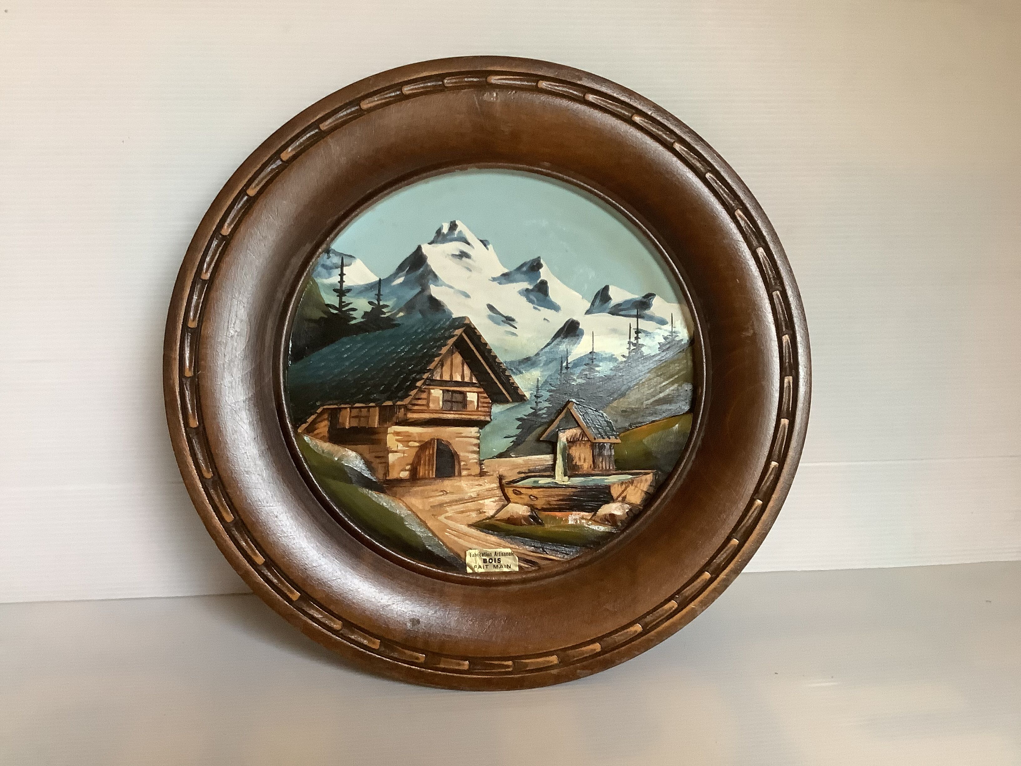 Ancient mountain landscape frame painted and carved by hand