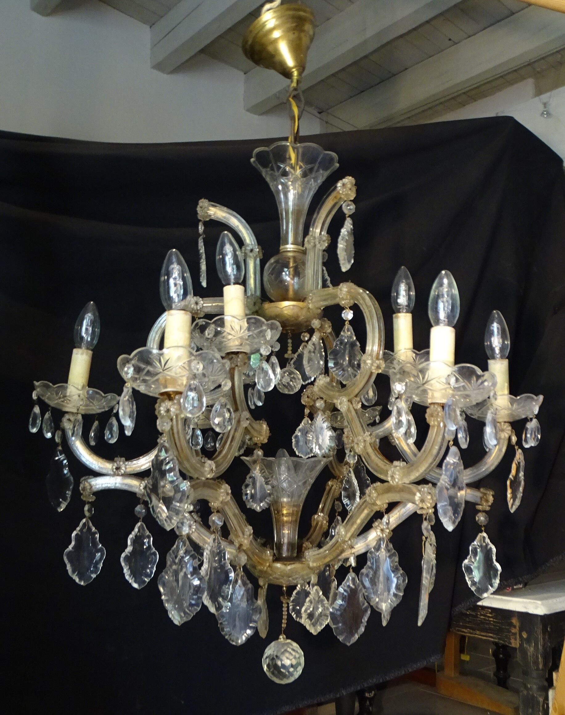 Venetian chandelier glass and crystal 9 Lights circa 1940