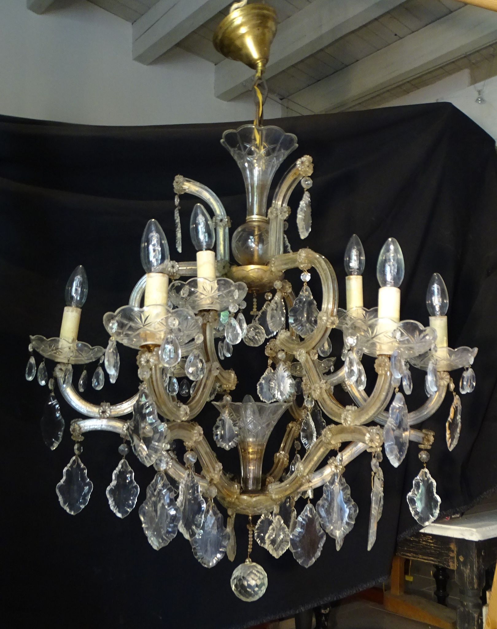 Venetian chandelier glass and crystal 9 Lights circa 1940