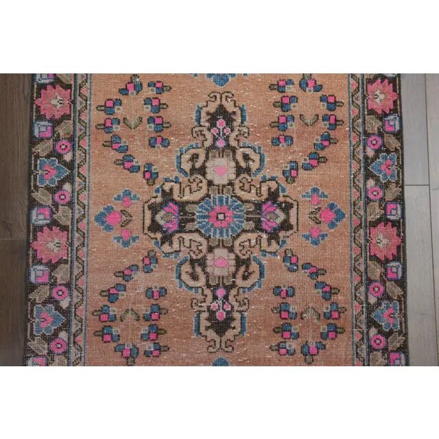 1970s Vintage Turkish Oushak Handmade Wool Cotton Pink Runner Rug 103x302