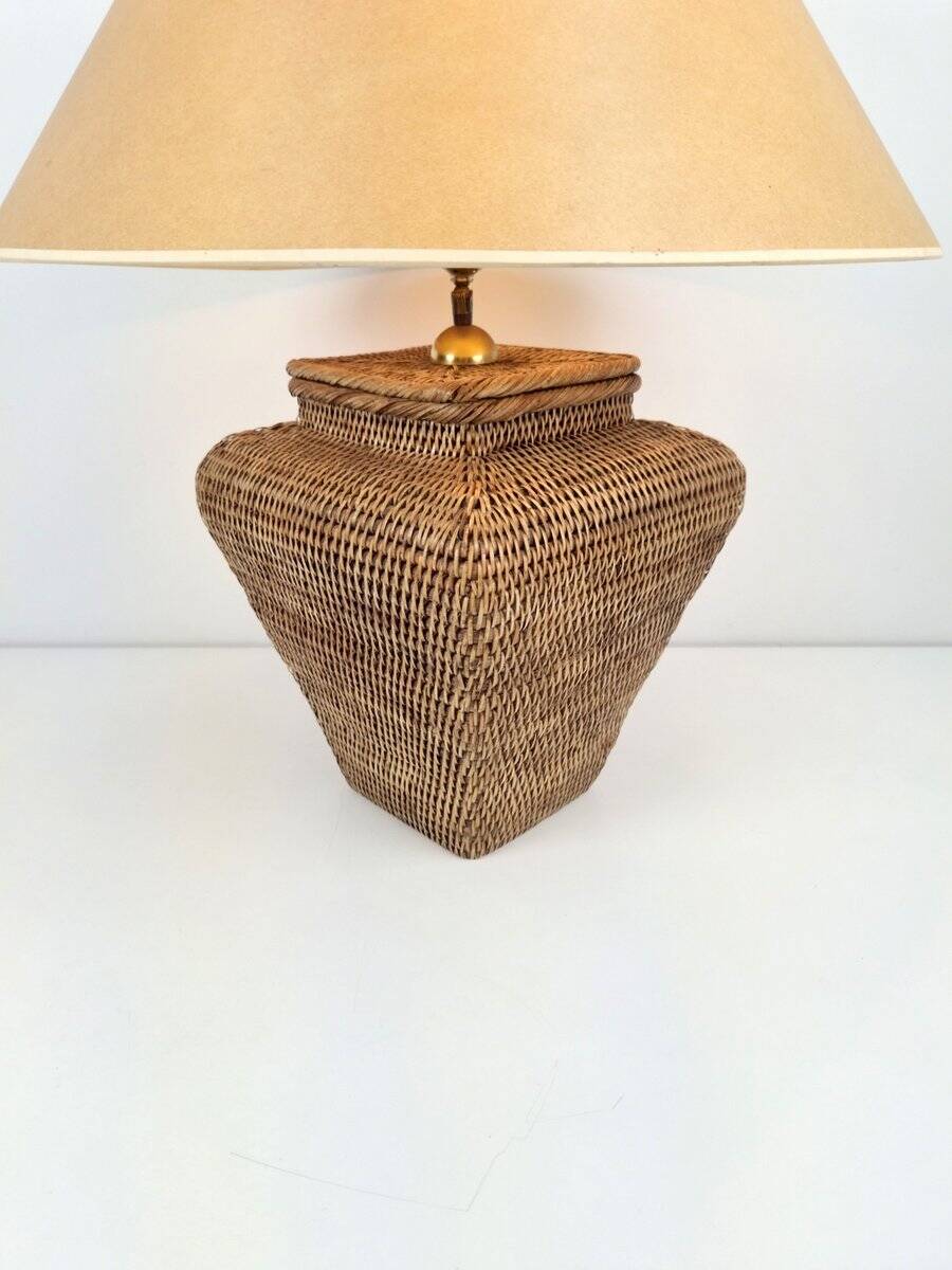 Large Hand Woven Wicker Rattan Table Lamp, France, 1970s