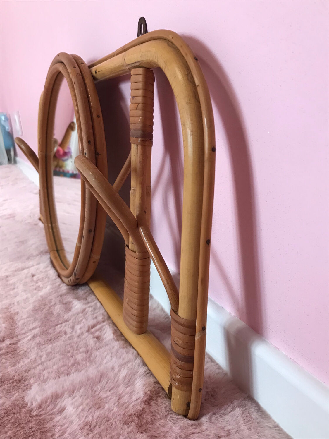 Rattan coat rack and vintage mirror