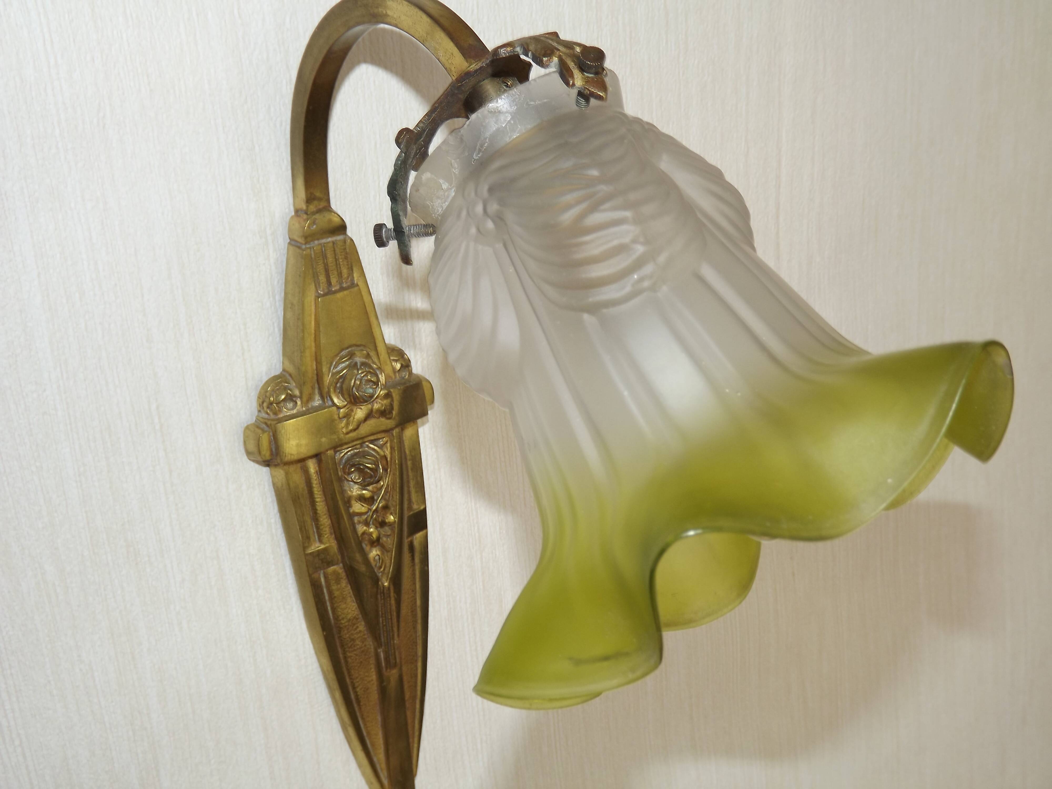 French Art Deco Brass Single Wall Light Rose Bud White & Green Shade 5507