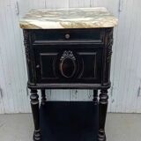 Romantic black bedside table with patinated marble and wood