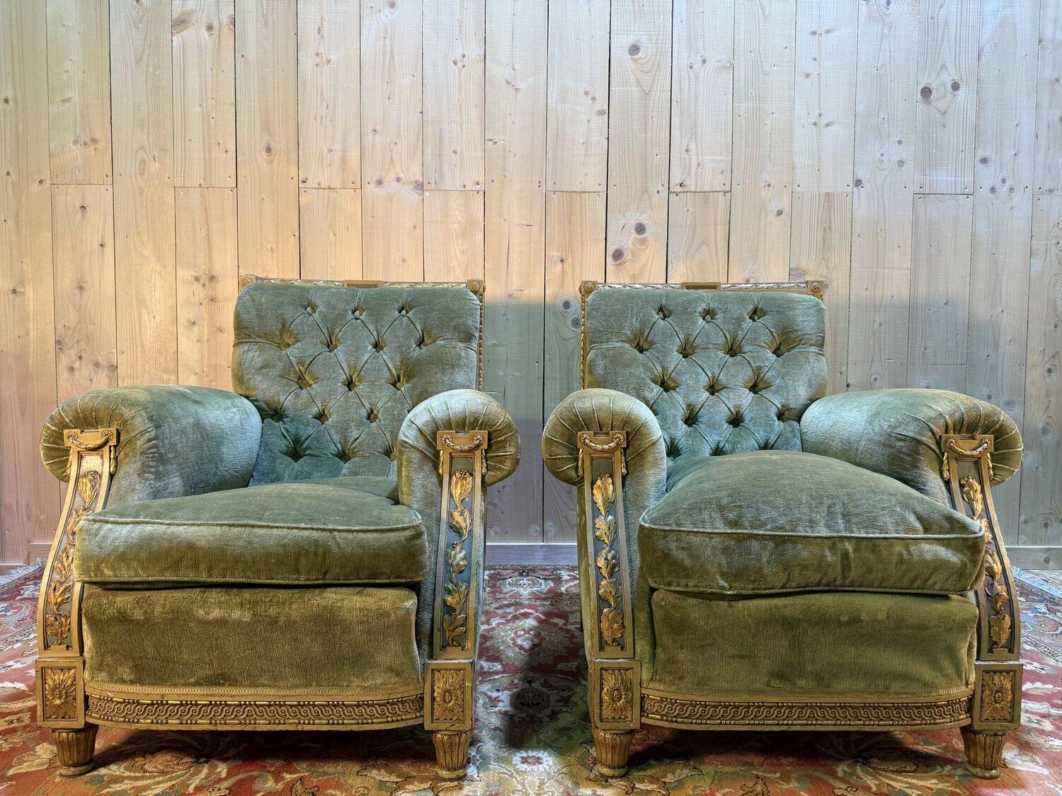 Pair of Club style armchairs / Louis XVI in gilded wood