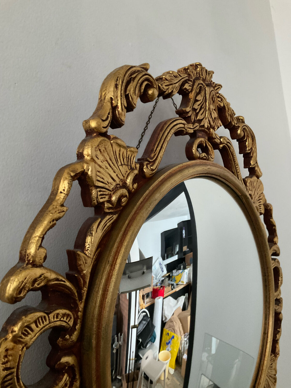 Ancient witch's eye mirror Dollanzo Italy in gilded wood