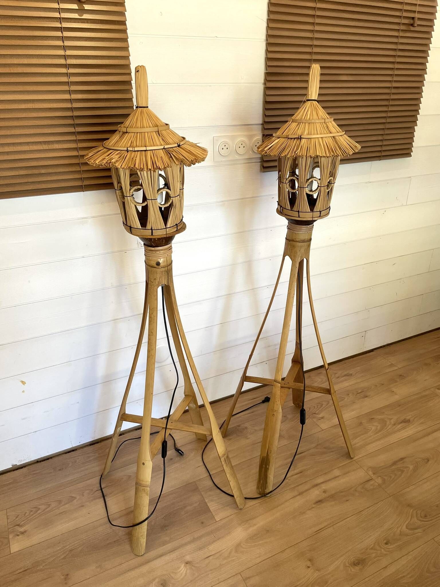 Pair of Tiki Style Lantern Floor Lamps in Bamboo & Rattan – Vintage