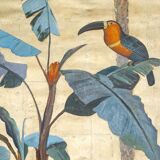 Painted canvas. Toucan on a leafy background. Contemporary work.