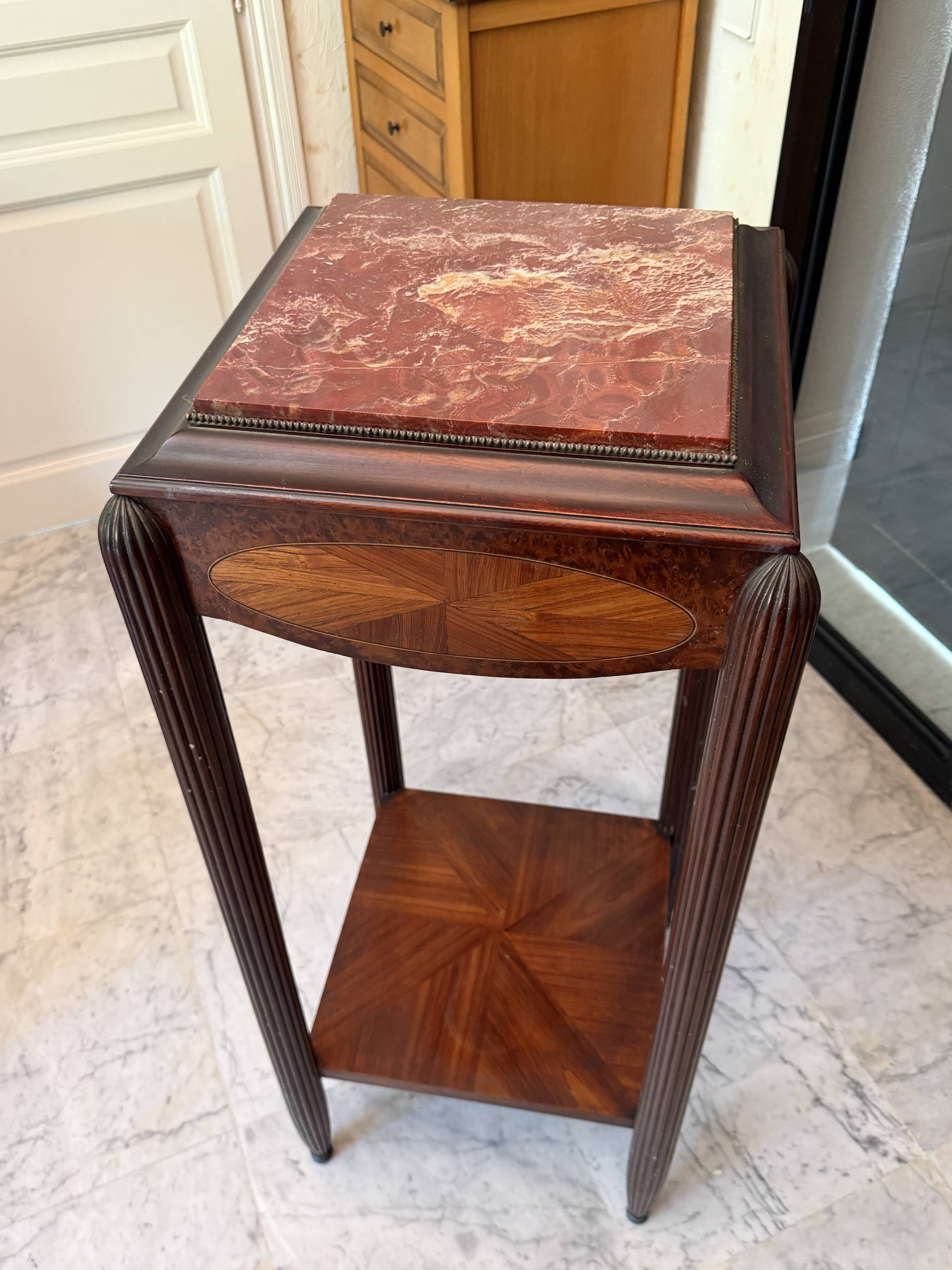 Elegant antique side table in marquetry and red marble – Louis XVI style