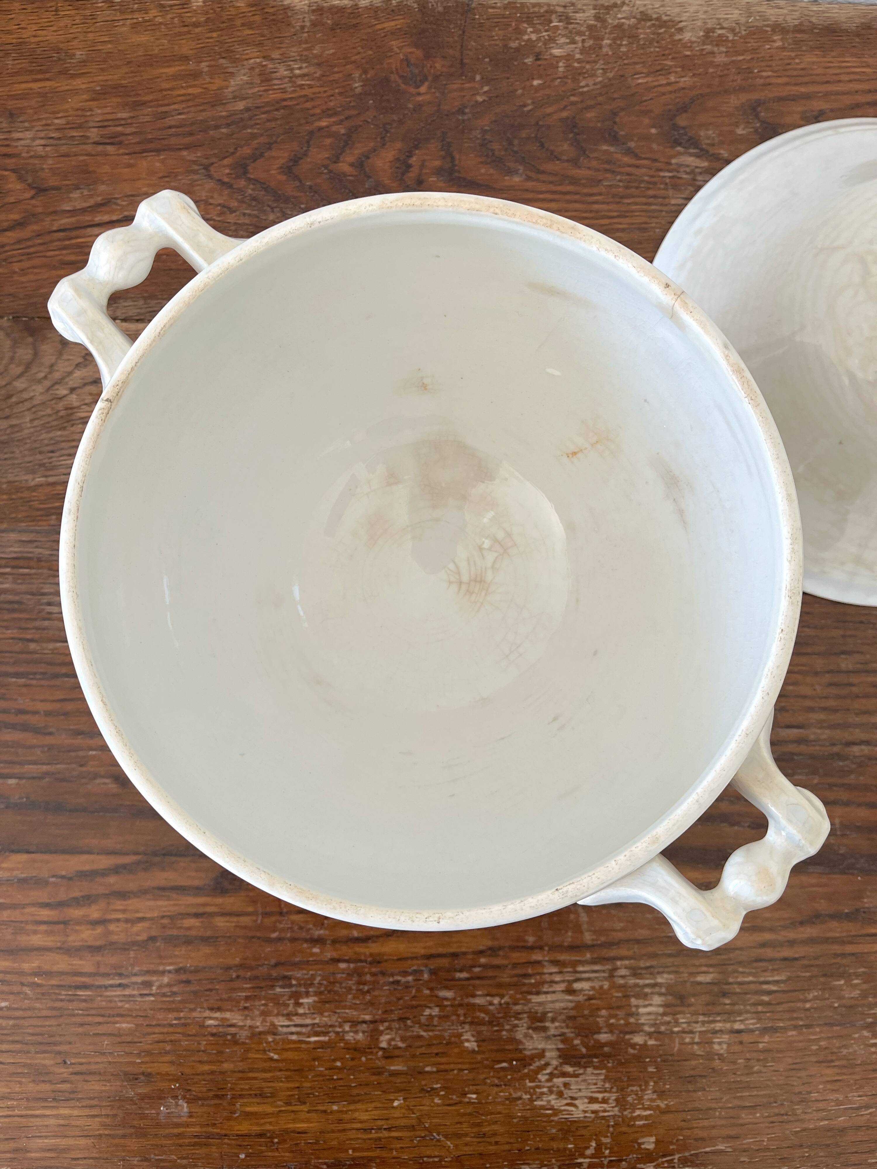 Antique white ironware soup tureen from the end of the 19th century