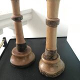 Pair of old candlesticks or candlesticks in raw bark wood, Jura craftsmanship