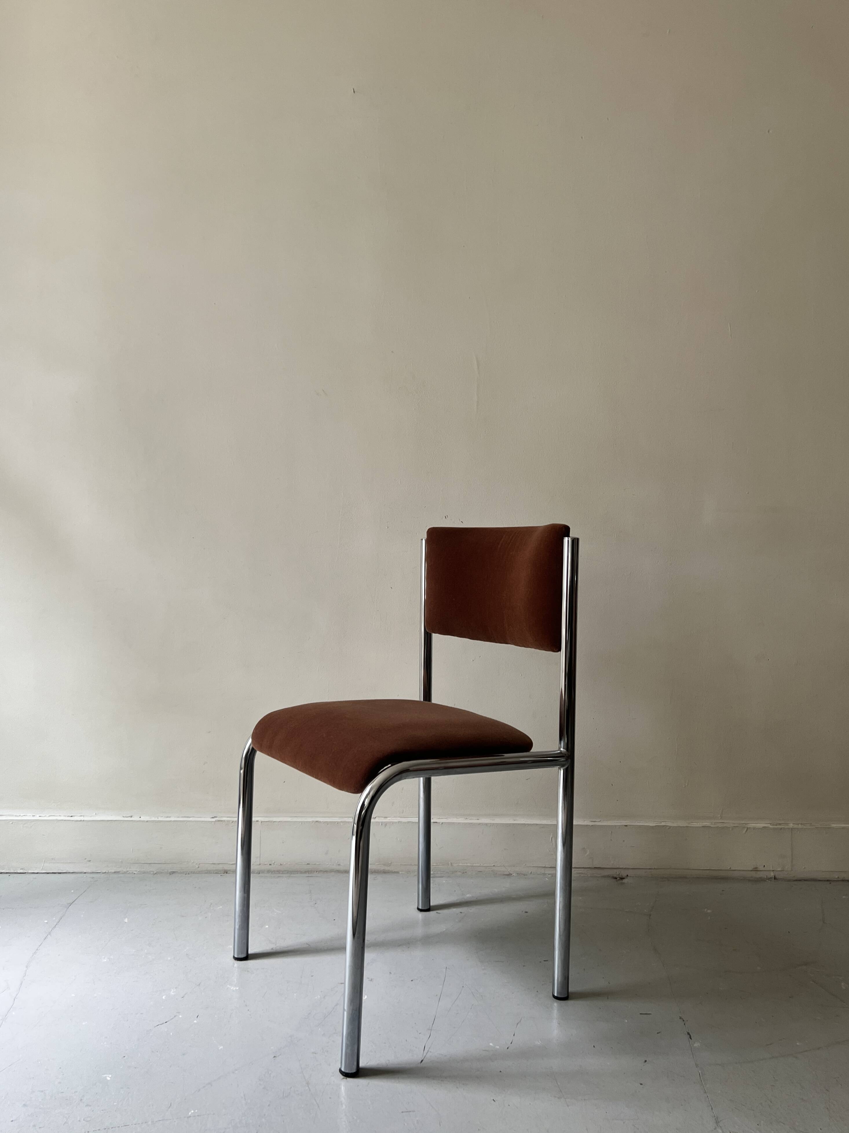 Pair of chrome and chestnut brown velvet chairs, 1970s design